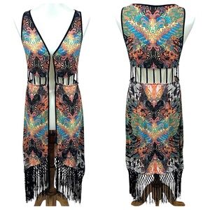 Bebe Boho Festival Geometric Kaleidoscope Tassel Fringe Duster Kimono Cardigan